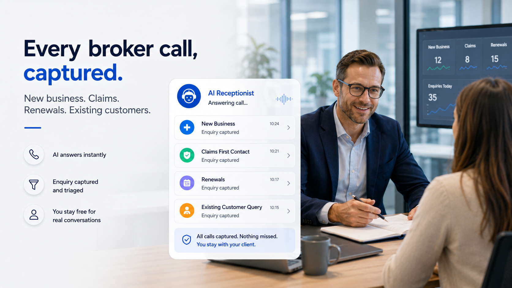 Broker meeting with AI receptionist handling new business, claims, renewals and existing customer calls